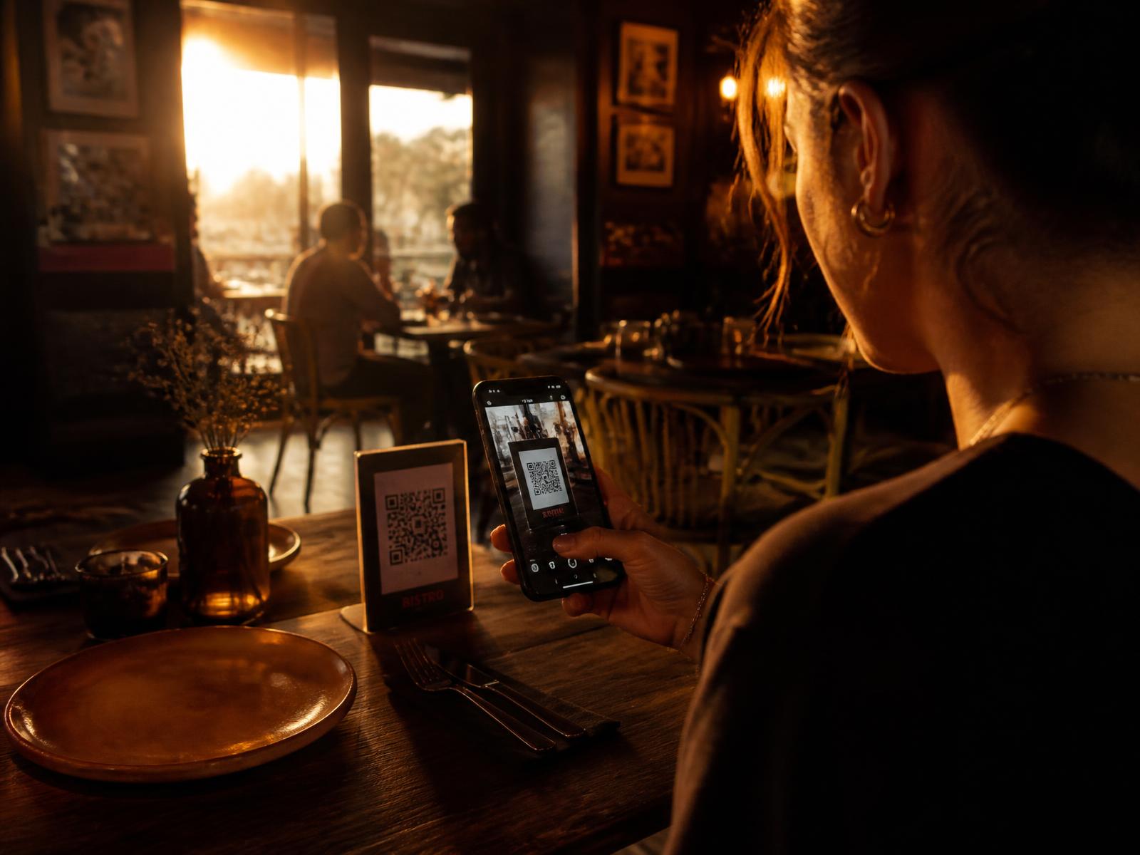 Gast scant een QR-code op tafel in een warm ingericht bistro-interieur